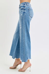 RISEN JEANS- High Rise Medium wash distressed wide leg jeans
