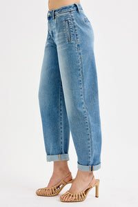 RISEN JEANS-Mid Rise Fit cuffed barrel jeans