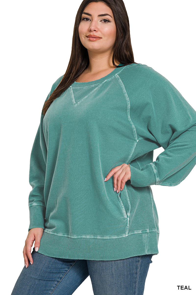 Plus Zena- Teal Pigment dyed French Terry sweatshirt with pockets