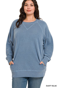 Plus Zena- Dusty Blue Pigment dyed French Terry sweatshirt with pockets