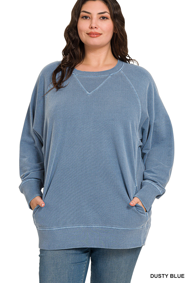 Plus Zena- Dusty Blue Pigment dyed French Terry sweatshirt with pockets
