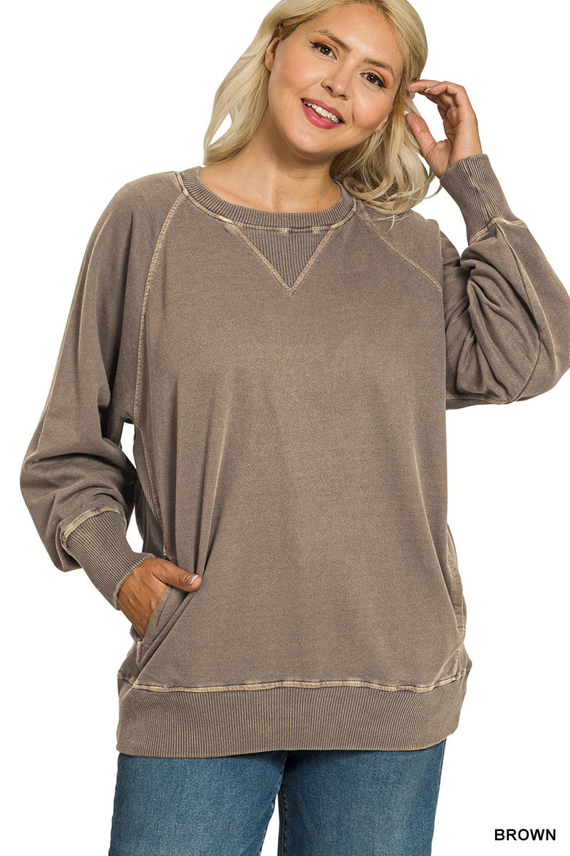 Plus Zena- Brown Pigment dyed French Terry sweatshirt with pockets