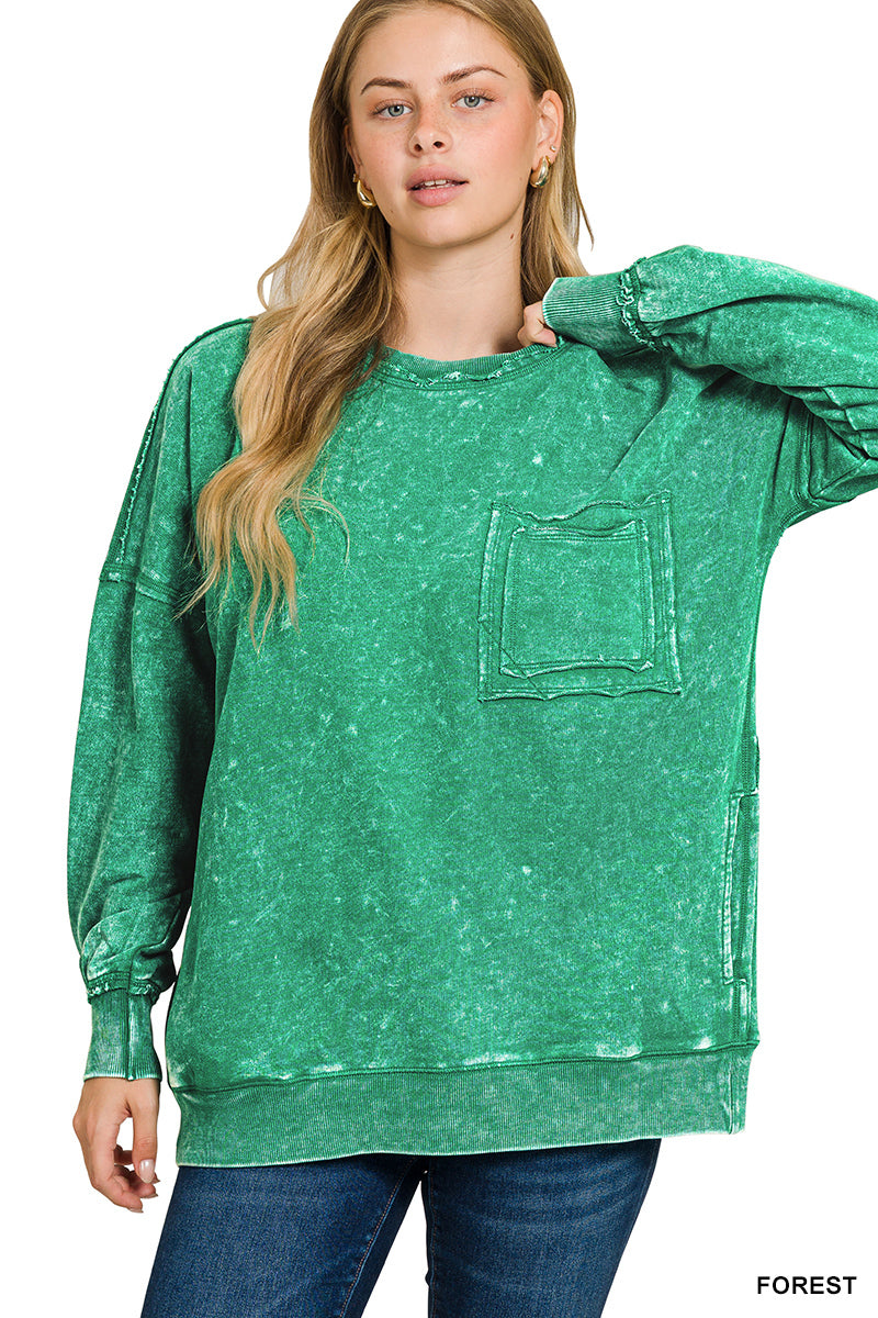 Marlow- Forest French Terry washed Rae edge pocket sweatshirt