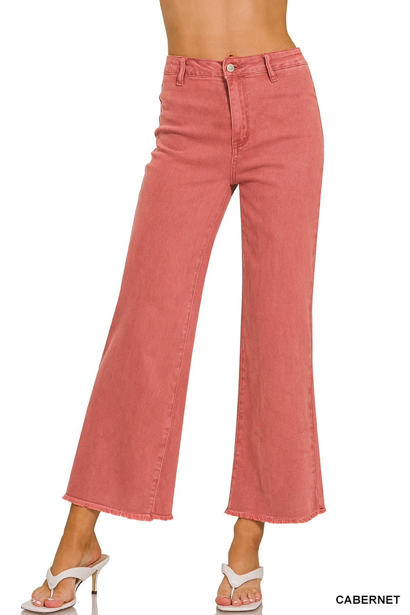 Dana- Washed Cabernet Frayed hem wide leg jeans