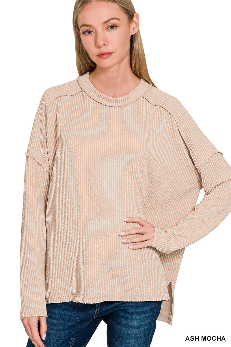 Belle- Ash Mocha Raised Ribbed boat neck long sleeve top