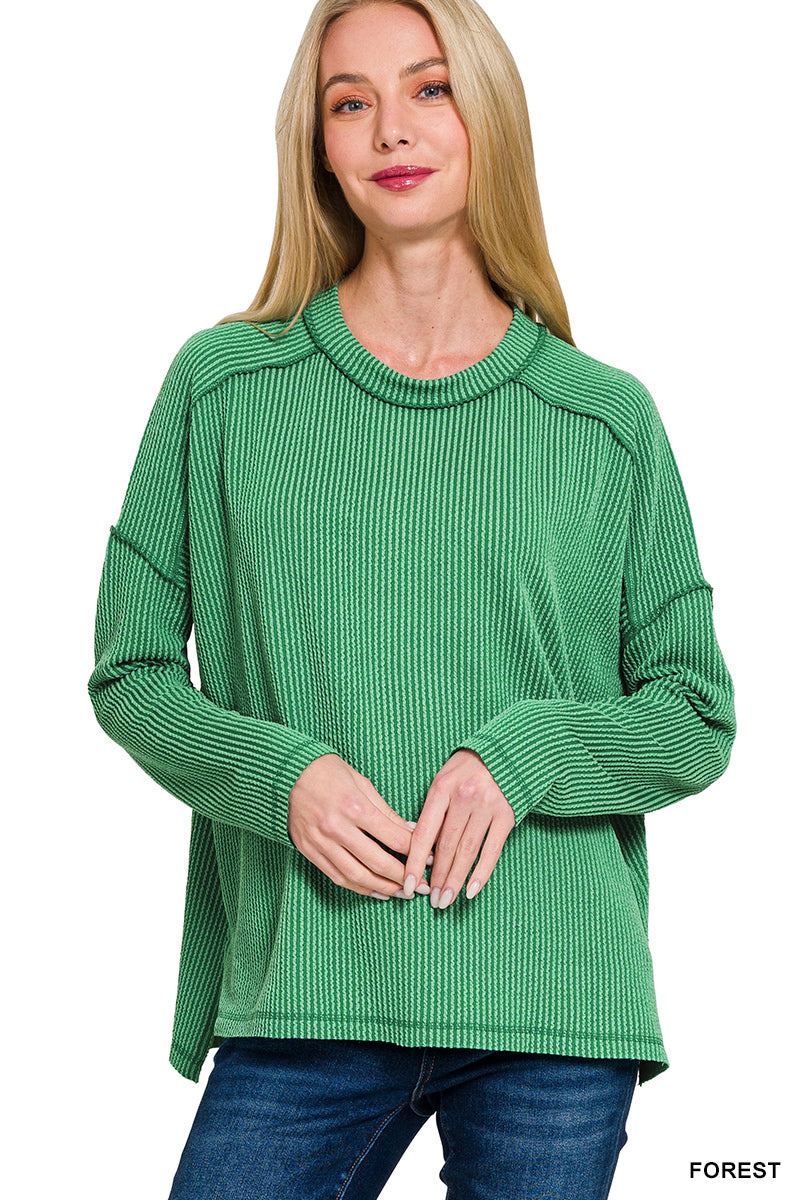 Belle- Forest Raised Ribbed boat neck long sleeve top