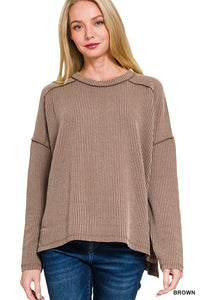 Belle- Brown Raised Ribbed boat neck long sleeve top