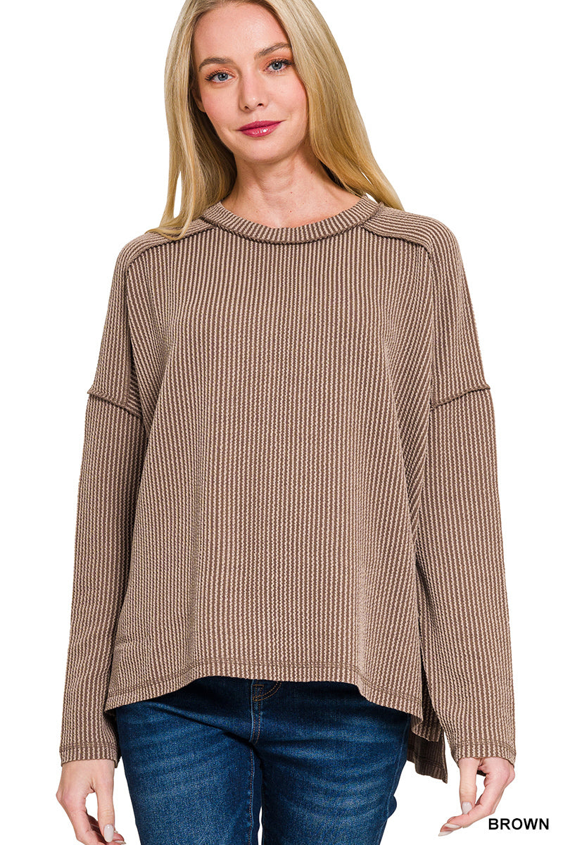 Belle- Brown Raised Ribbed boat neck long sleeve top