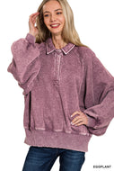 NITSA- washed Eggplant fleece button up collared sweatshirt