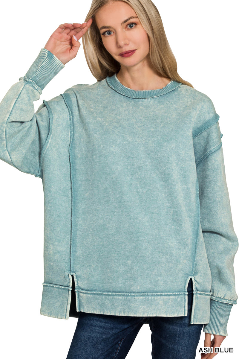 MARIAH- Washed Ash Blue Exposed Seam fleece sweatshirt