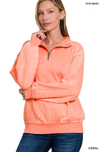 GINA- Washed Coral Half zip collared sweatshirt