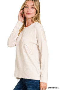 Reno- Sand Beige Ribbed oversized long sleeve top