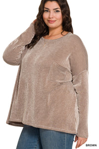 Plus Reno- Brown Ribbed oversized long sleeve top