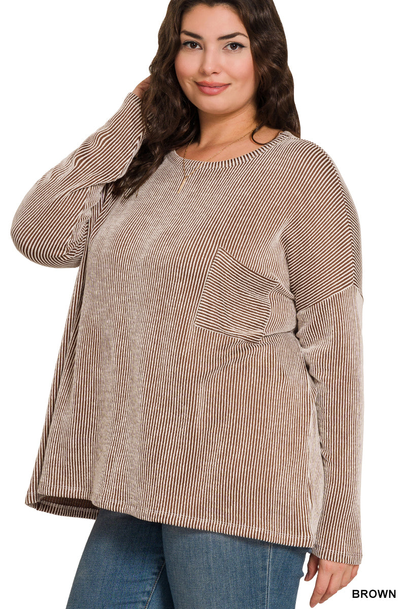 Plus Reno- Brown Ribbed oversized long sleeve top