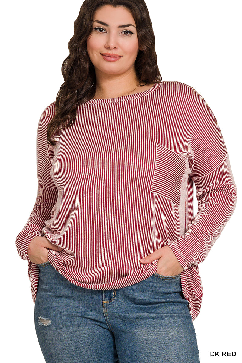 Plus Reno- Red Ribbed oversized long sleeve top