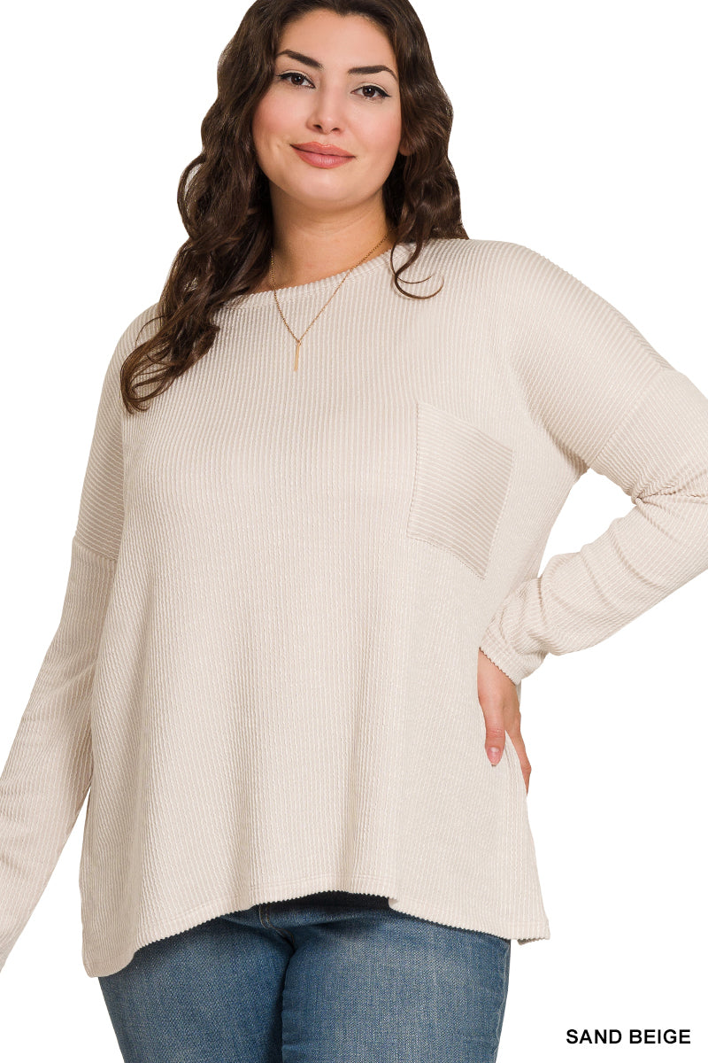 Plus Reno- Sand Beige Ribbed oversized long sleeve top