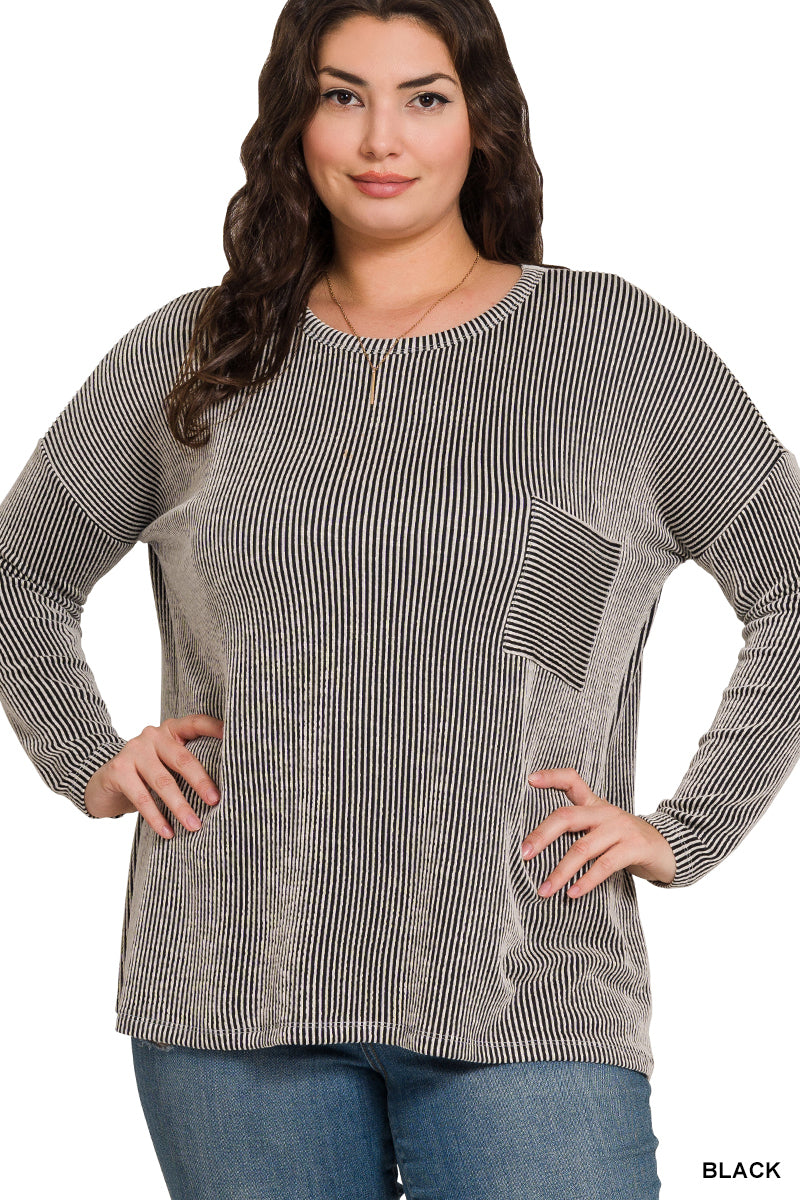 Plus Reno- Black Ribbed oversized long sleeve top
