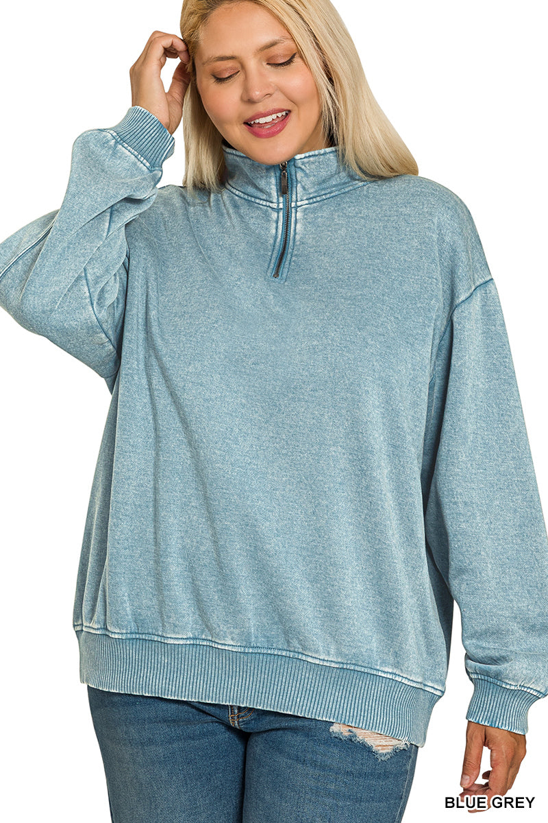Plus GINA- Washed Blue Gray Half zip collared sweatshirt
