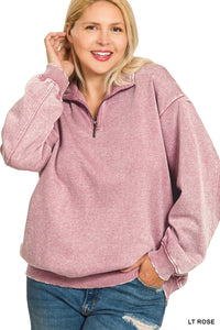 Plus GINA- Washed Light Rose Half zip collared sweatshirt