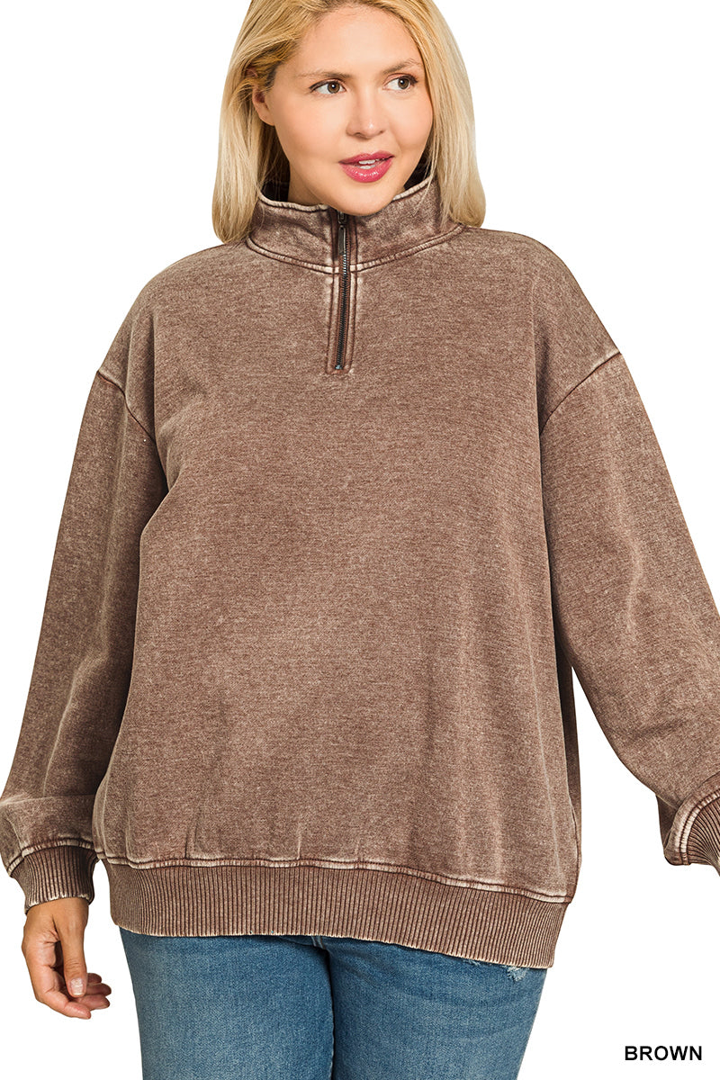 Plus GINA- Washed Brown Half zip collared sweatshirt