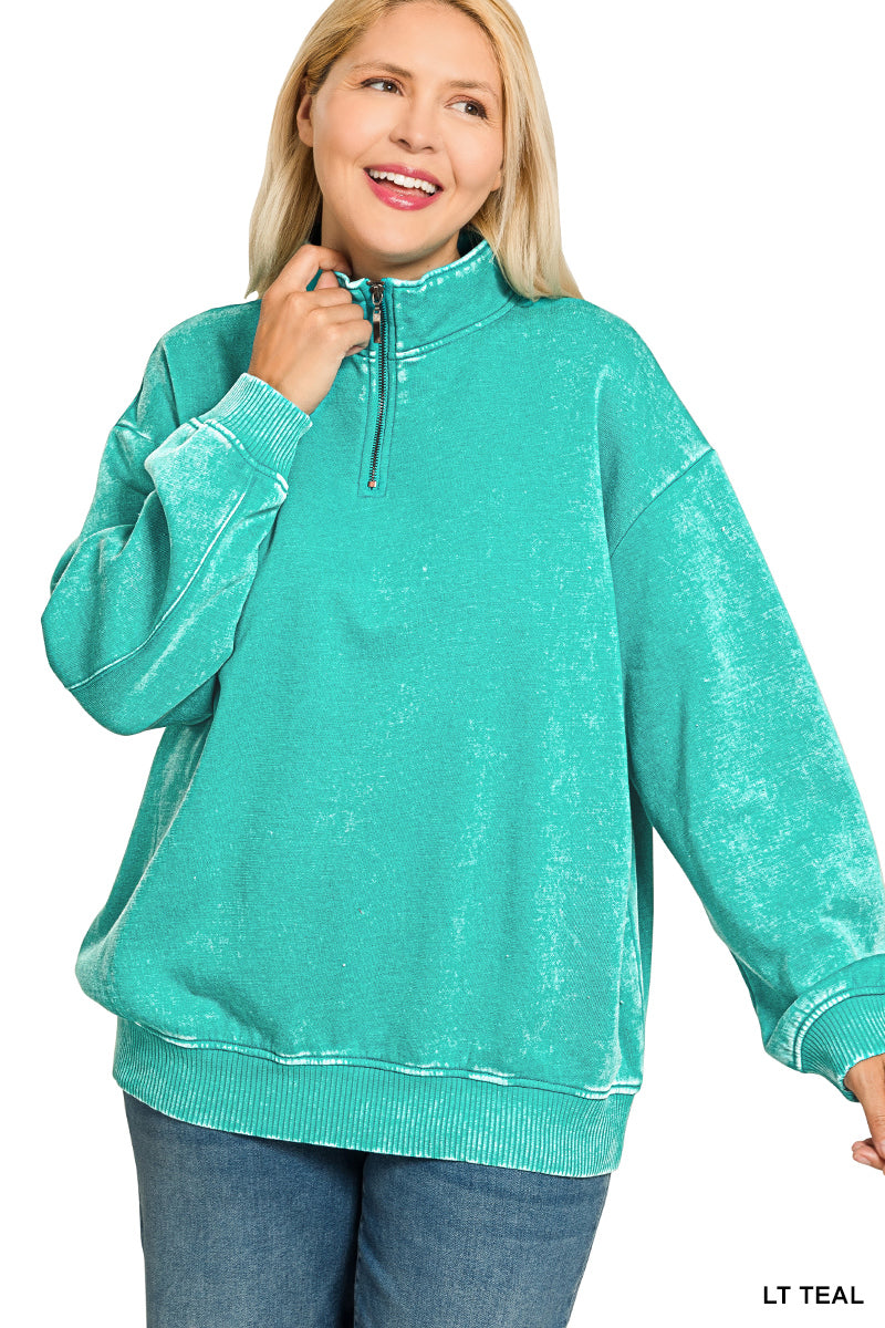 Plus GINA- Washed Light Teal Half zip collared sweatshirt