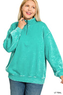 Plus GINA- Washed Light Teal Half zip collared sweatshirt