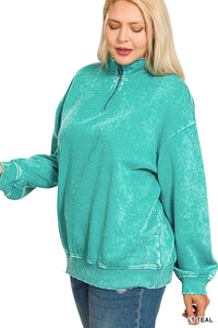 Plus GINA- Washed Light Teal Half zip collared sweatshirt