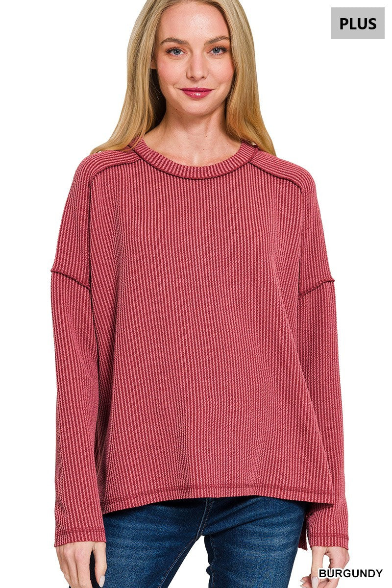 Plus Belle- Burgundy Raised Ribbed boat neck long sleeve top