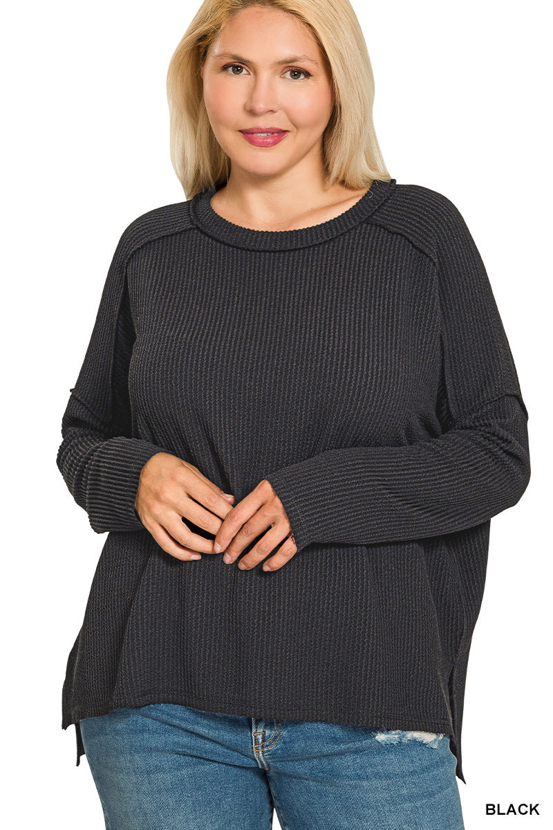 Plus Belle- Black Raised Ribbed boat neck long sleeve top