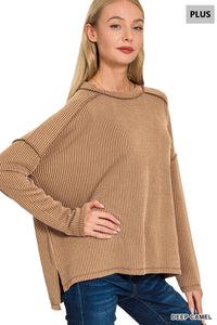 Plus Belle- Deep Camel Raised Ribbed boat neck long sleeve top