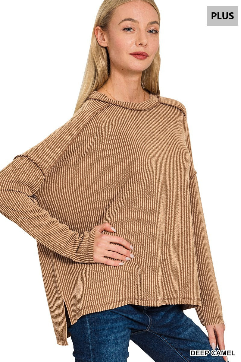 Plus Belle- Deep Camel Raised Ribbed boat neck long sleeve top