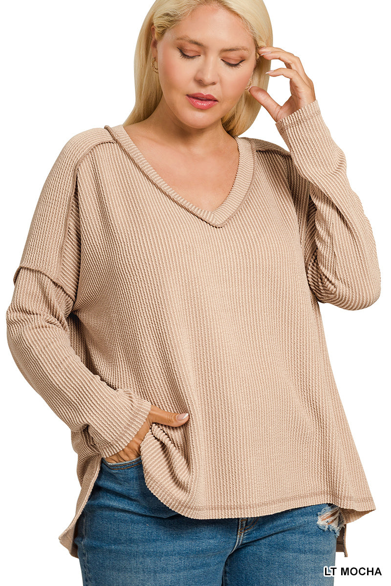 Plus Bibi- Light Mocha Raised Ribbed long sleeve top