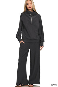 MELINA- Black Ribbed half zip collared Two piece Set