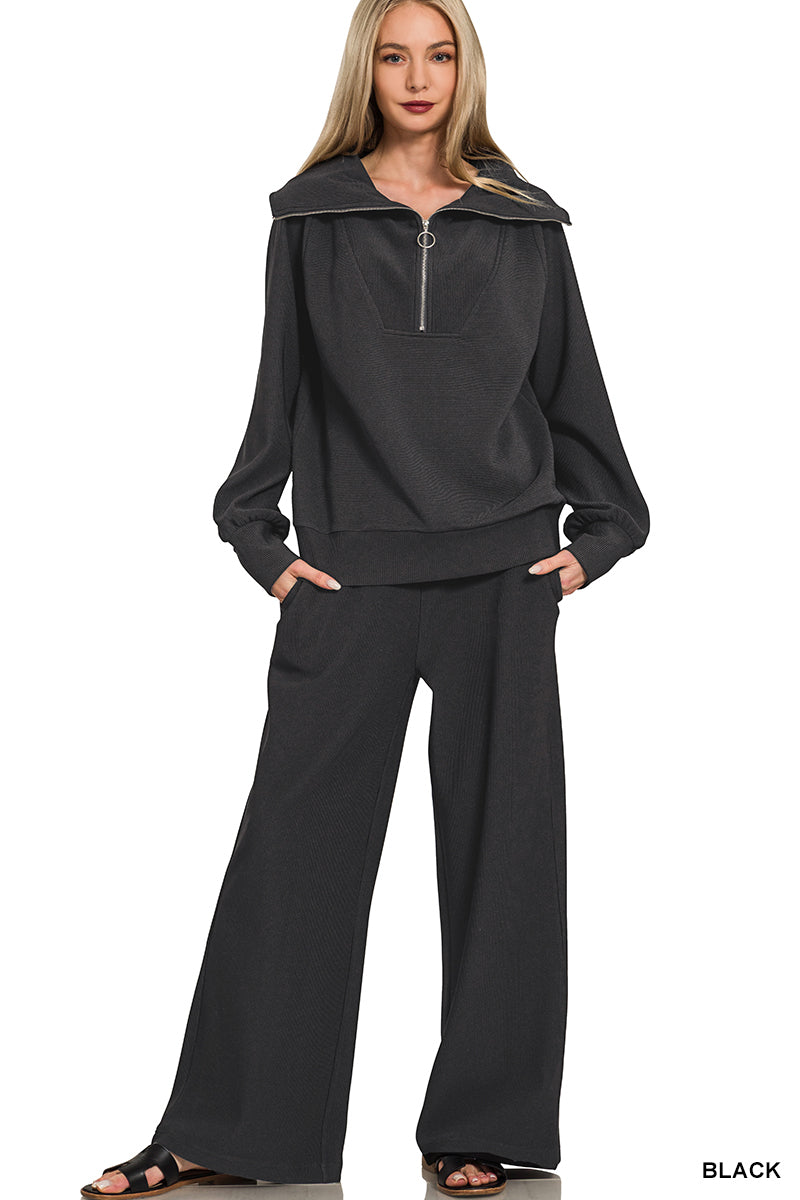 MELINA- Black Ribbed half zip collared Two piece Set