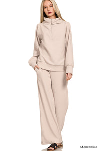 MELINA- Sand Beige Ribbed half zip collared Two piece Set