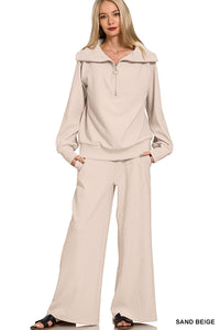 MELINA- Sand Beige Ribbed half zip collared Two piece Set