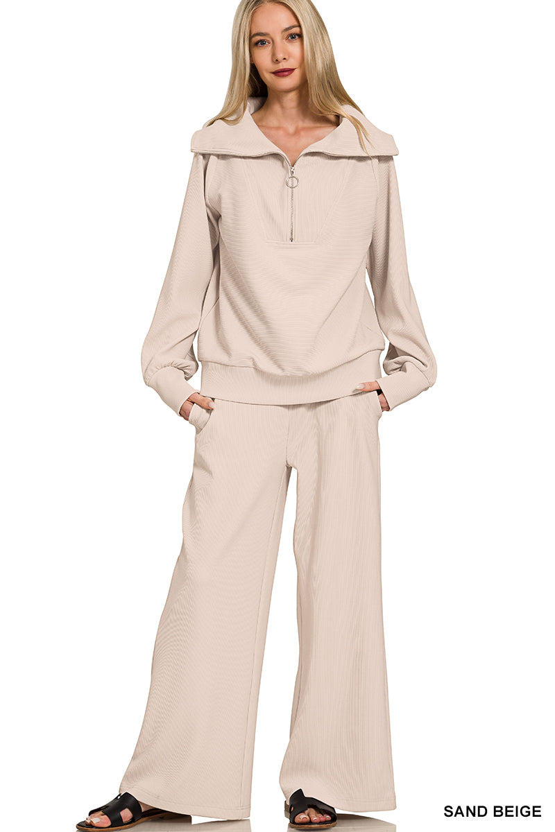 MELINA- Sand Beige Ribbed half zip collared Two piece Set