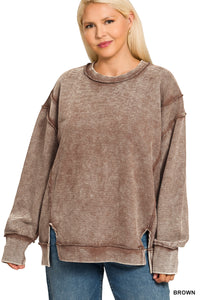PLUS EMILY- Brown WASHED DOUBLE RIBBED EXPOSED-SEAM PULLOVER