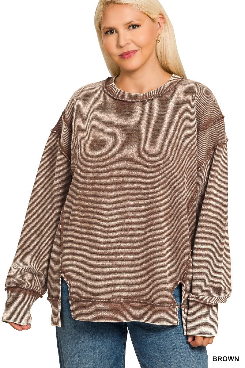 PLUS EMILY- Brown WASHED DOUBLE RIBBED EXPOSED-SEAM PULLOVER