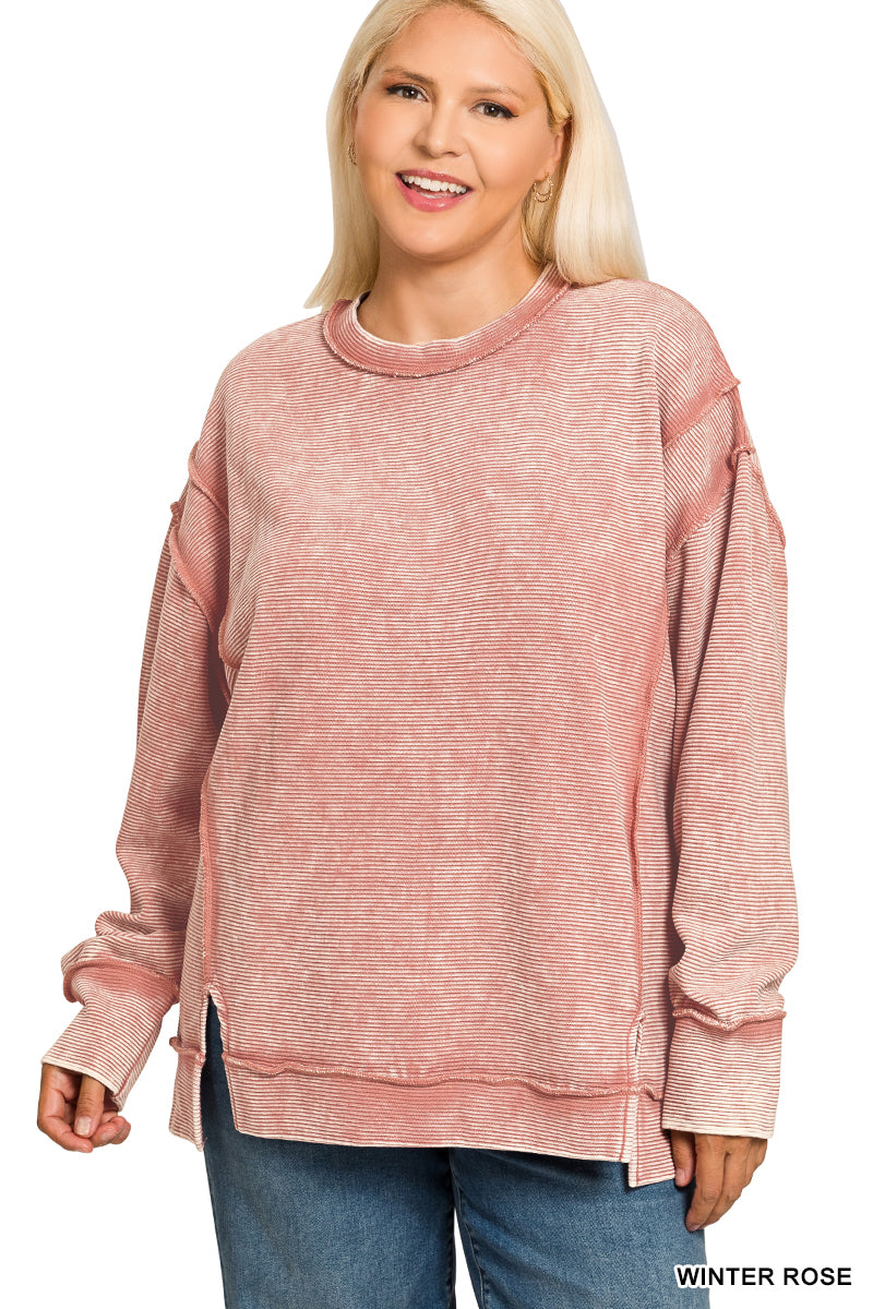 PLUS EMILY- Rose WASHED DOUBLE RIBBED EXPOSED-SEAM PULLOVER