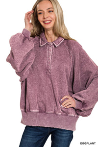 ALLIE- washed Eggplant button up collared pullover