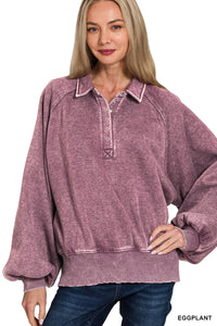 ALLIE- washed Eggplant button up collared pullover