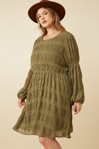 Plus Forrest- Olive peasant sleeve pleated dress