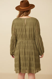 Plus Forrest- Olive peasant sleeve pleated dress