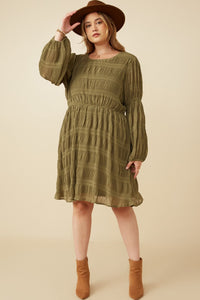 Plus Forrest- Olive peasant sleeve pleated dress