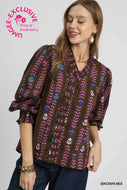 Lala Top- Umgee exclusive chocolate printed Victorian collared top