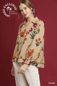 Floral patch- UMGEE exclusive textured long sleeve collared top