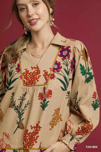 Floral patch- UMGEE exclusive textured long sleeve collared top