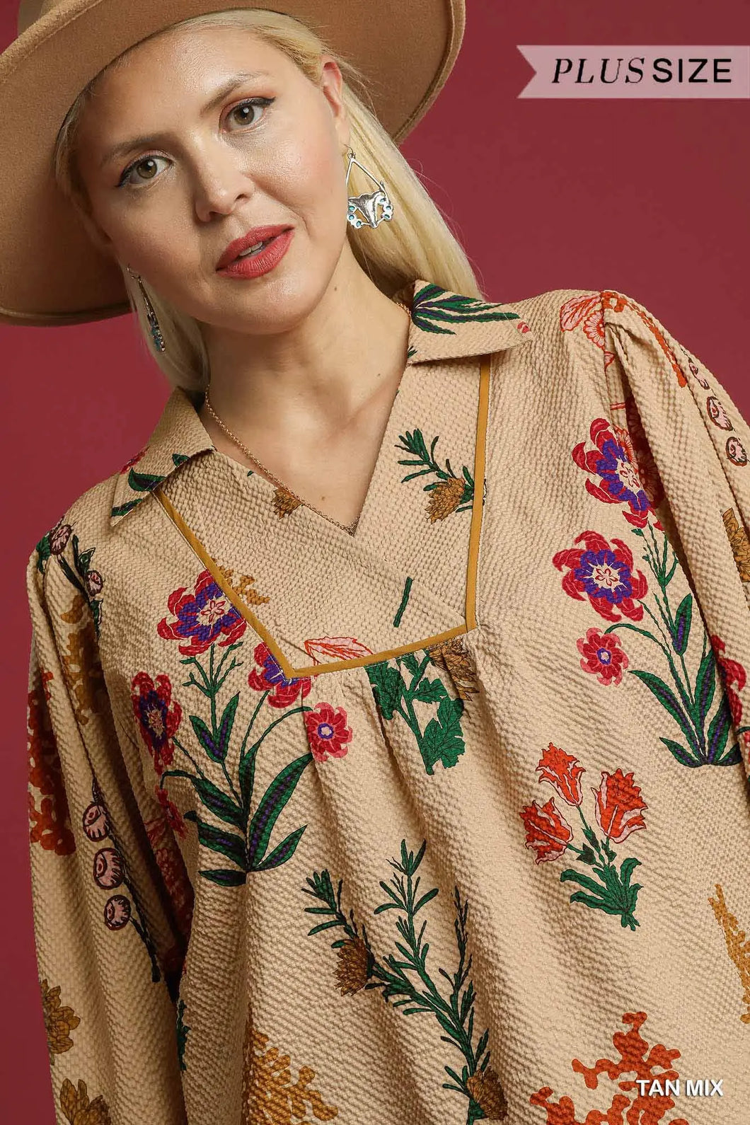 Plus Floral patch- UMGEE exclusive textured long sleeve collared top