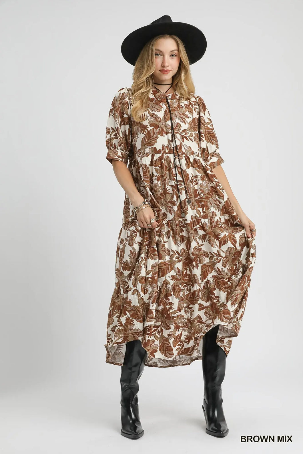 Teresa - Umgee Brown Mix floral print ankle length dress